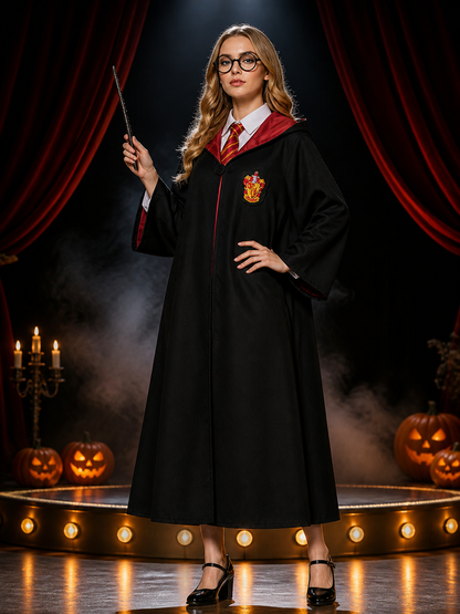 Black Hooded Wizard Robe Costume Set with School Crest, Hat, Tie, Scarf Costume Headwear detail 3
