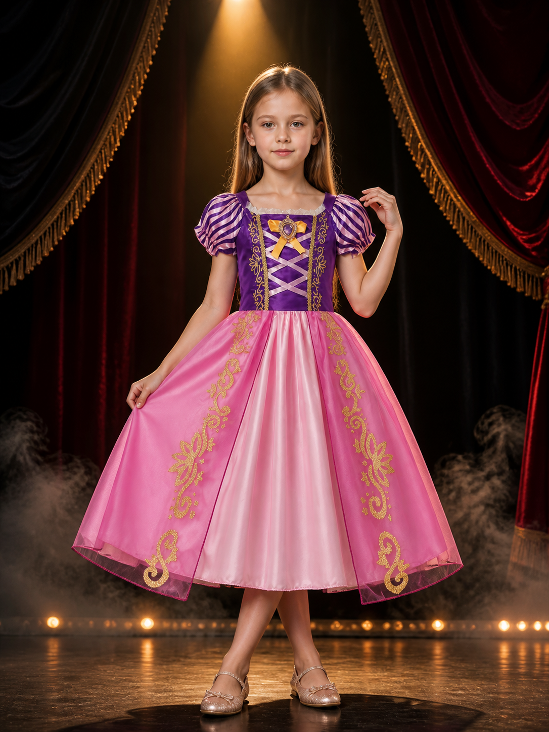 Girls Princess Dress Costume, Purple Pink Puff Sleeve with Heart Bow, Halloween Costume Dresses detail 3