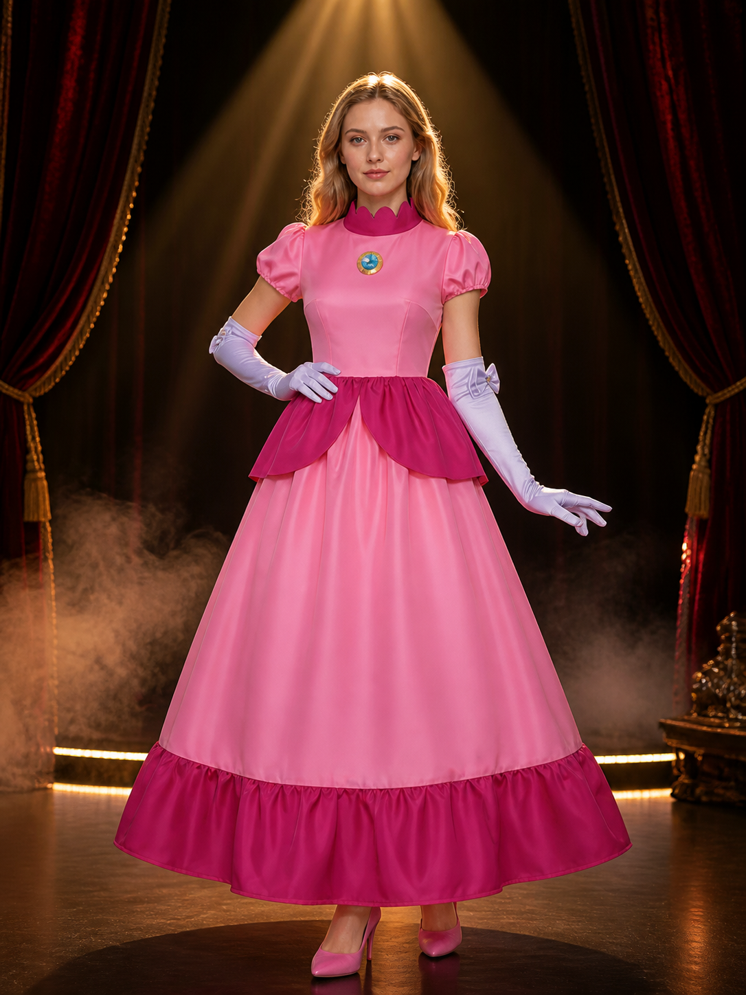 Princess Pink Costume Dress with Gloves and Brooch on-model stage scene view