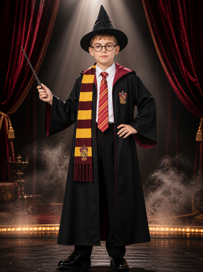 Kids Long Hooded Wizard Robe Costume Set with Red & Yellow Striped Scarf & Tie Costumes detail 3