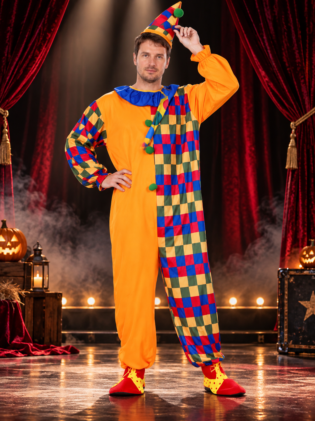 Adult Clown Costume, Orange Jumpsuit, Hat