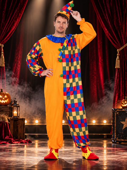 Adult Clown Costume, Orange Jumpsuit, Hat