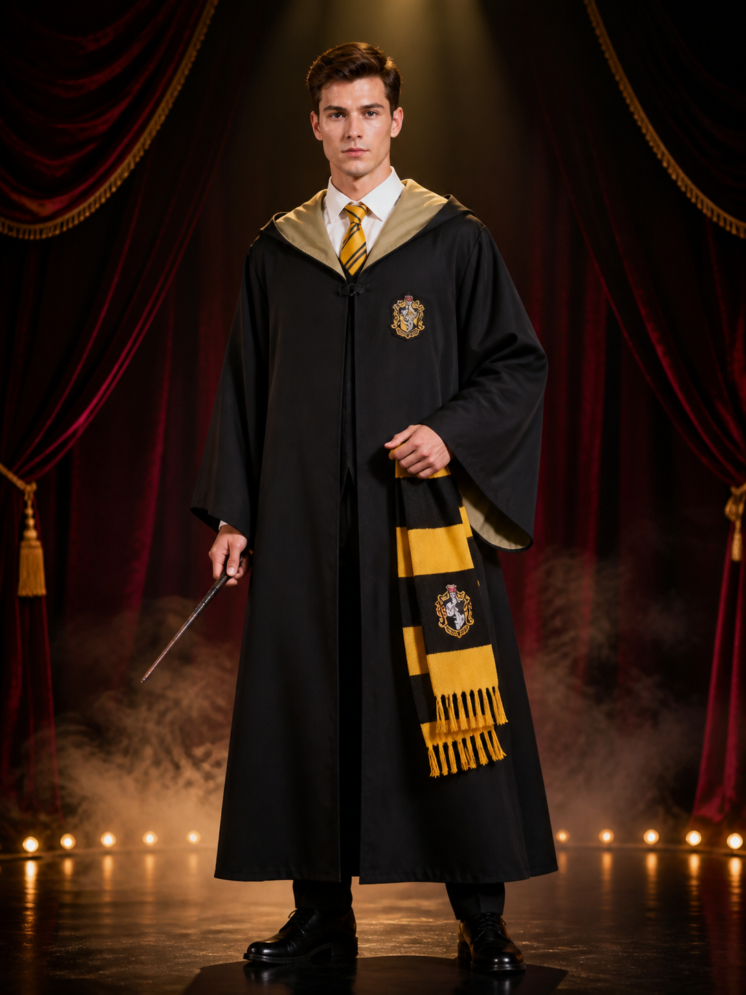 Hufflepuff Wizard Robe Costume Set with Hooded Cloak, Tie and Scarf Costume Capes detail 3