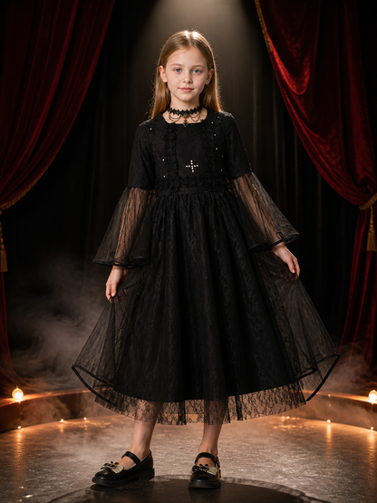 Kids Black Lace Angel Devil Witch Vampire Dress Costume with Sheer Sleeves and Costume Dresses detail 3