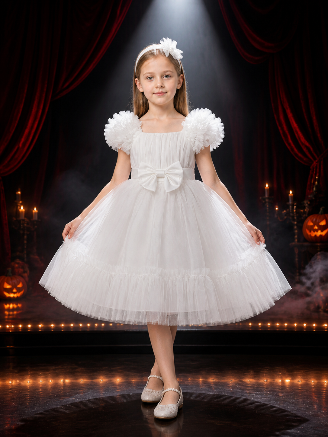 Toddler Girls' White Princess Dress with Puff Sleeves, Tulle Skirt and Bow Costume Dresses detail 3