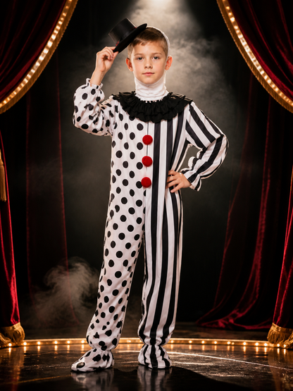 Scary Halloween Polka Dot Clown Jumpsuit Costume Set with Headpiece and Top Hat Costume Headwear detail 3