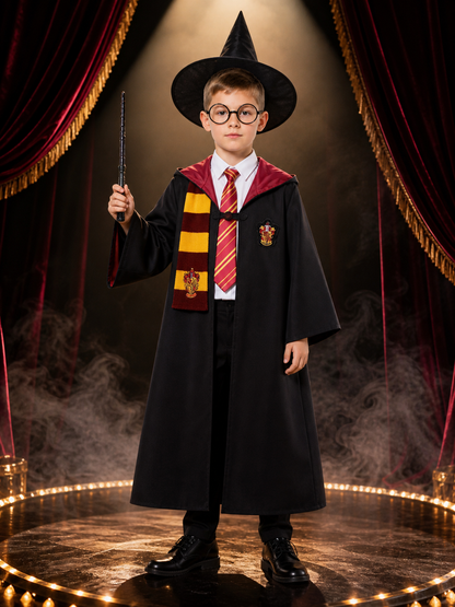 Kids Magic Wizard Robe Costume Set With Hat, Wand, Glasses, Scarf, Tie And Shirt Costume Headwear detail 3