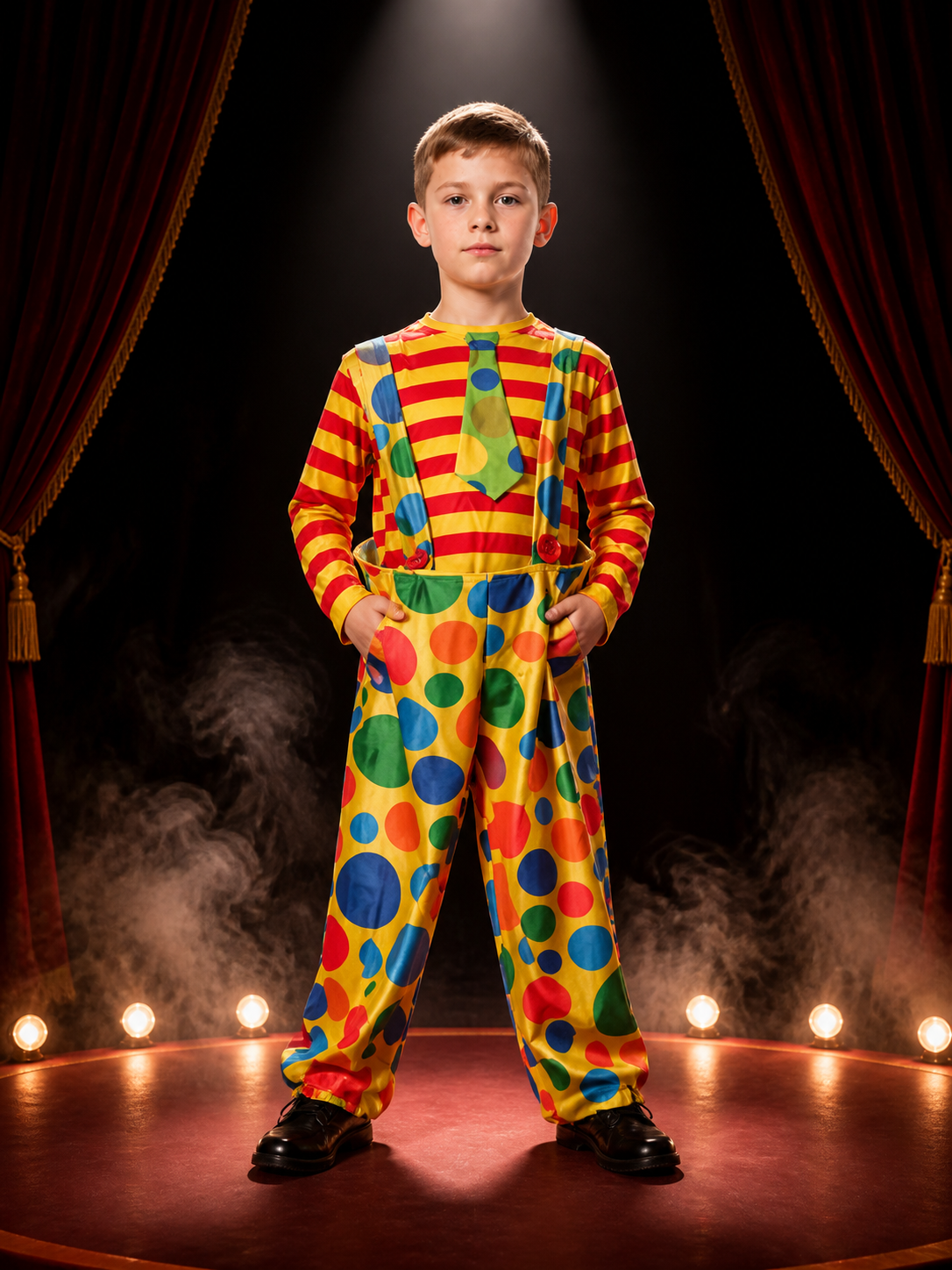 Children's Colorful Clown Costume Set, Striped Shirt, Polka Dot Suspenders and Costumes detail 3