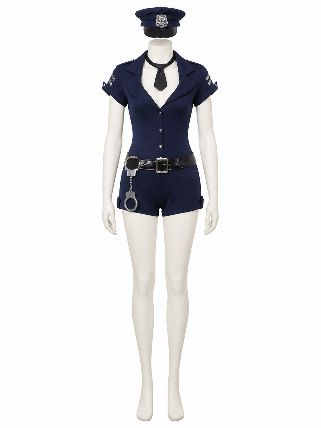 Women's Navy Blue Police Officer Bodysuit Halloween Costume Set with Hat, Tie Costume Headwear detail 3