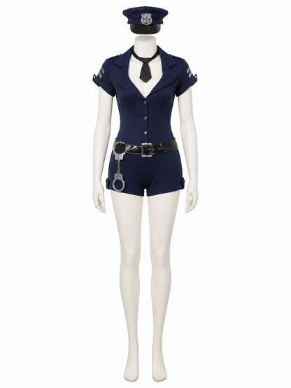 Women's Navy Blue Police Officer Bodysuit Halloween Costume Set with Hat, Tie Costume Headwear detail 3