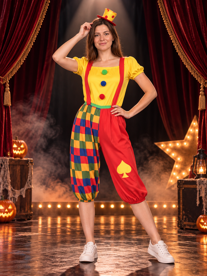 Clown Costume with Yellow Hat and Multicolored Pants