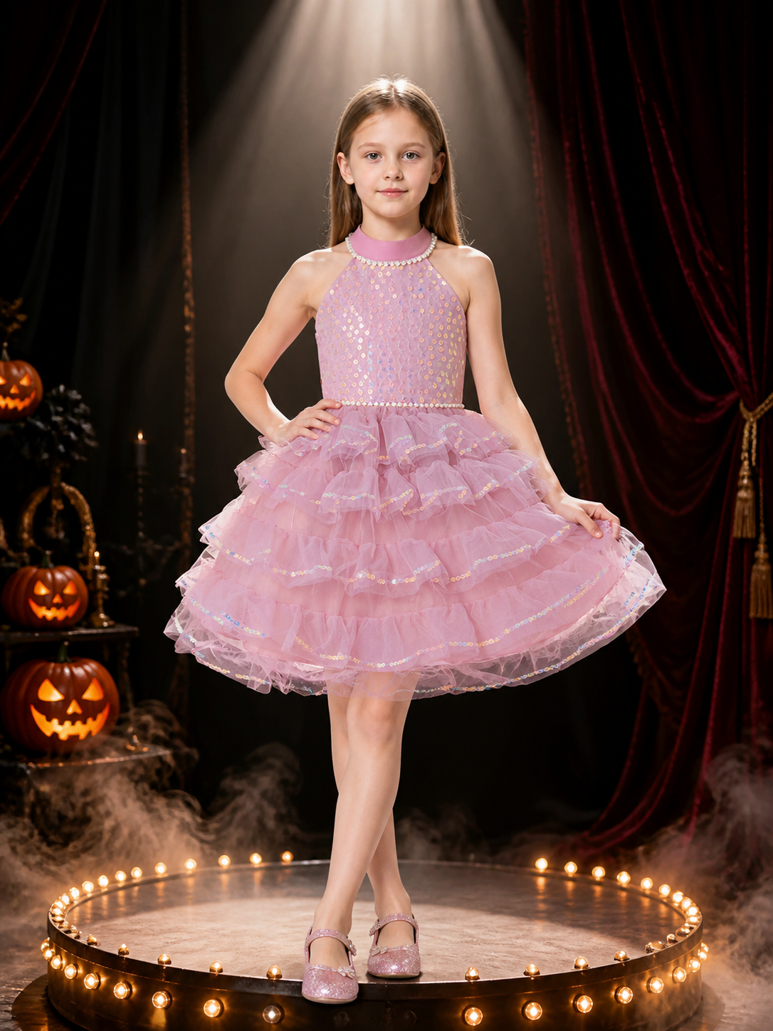 Girls' Princess Dress, Sequined Pearl-Beaded Layered Tulle Tutu Party Dress Costume Dresses detail 3
