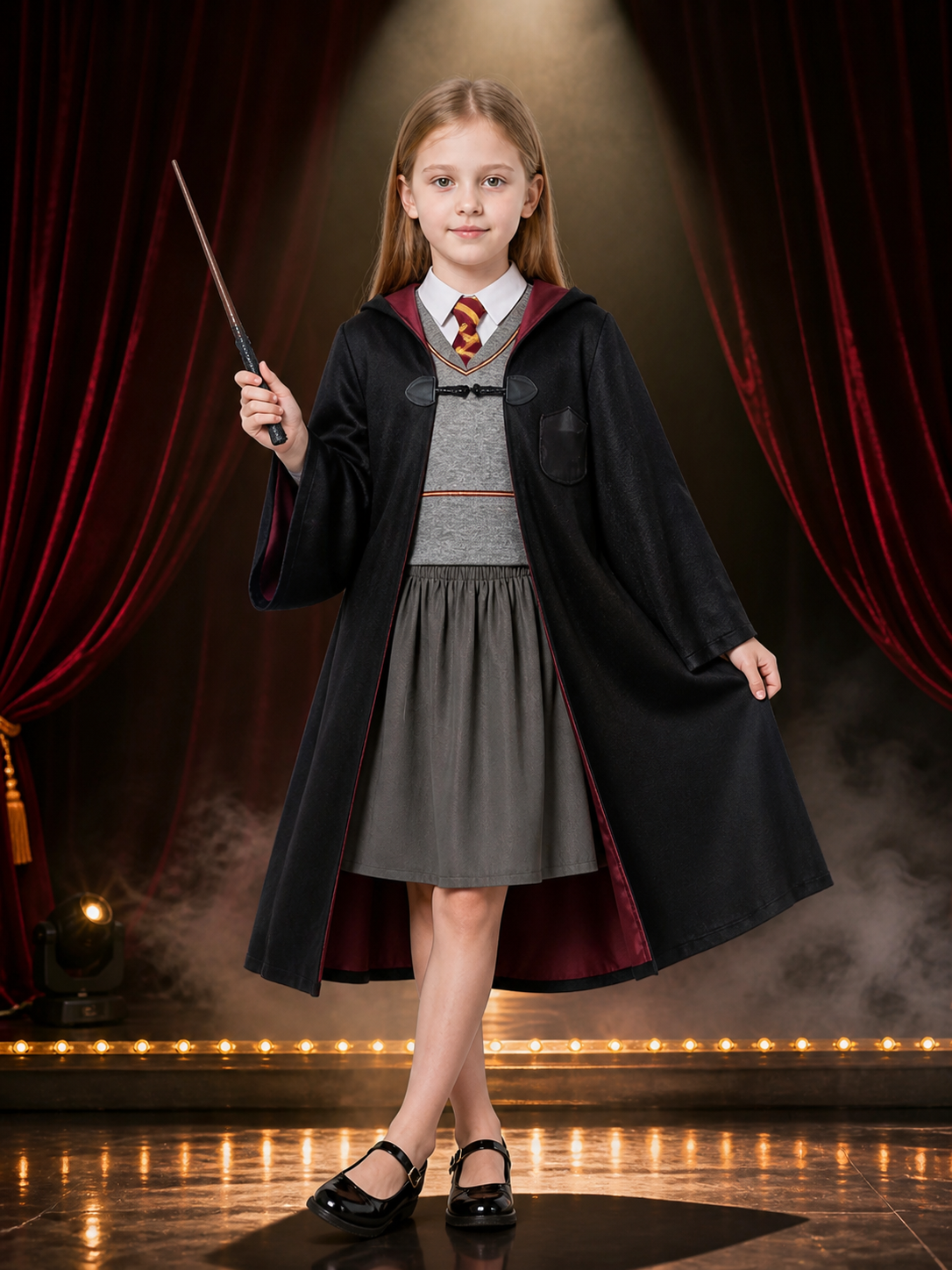 Kids' Wizard Halloween Costume Set with Hooded Robe, Vest, Skirt and Wand Costume Accessories detail 3