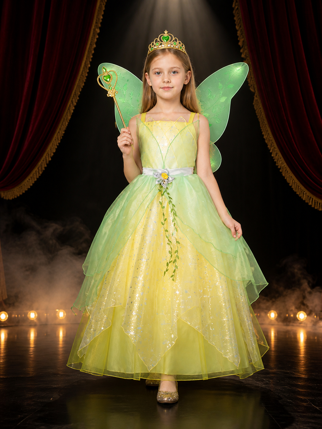 Girls Princess Dress Costume Set with Crown and Magic Wand, Green and Yellow Costume Dresses detail 3