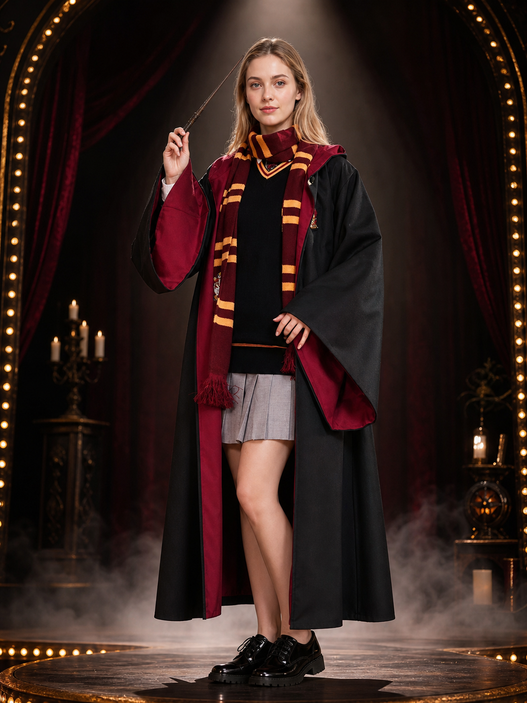 Wizard Costume Set, Long Robe Cloak With Red-Gold Striped Scarf, Halloween Costume Capes detail 3