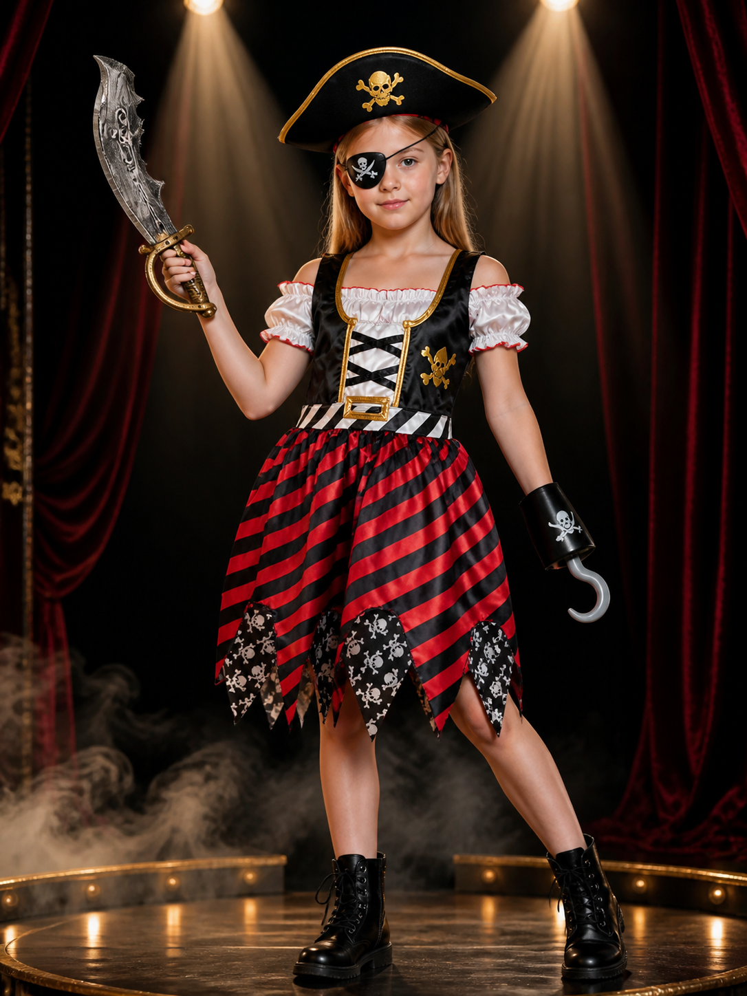 Kids Pirate Costume Dress Set with Skull Print, Hat, Eye Patch, Sword & Hook for Costume Dresses detail 3