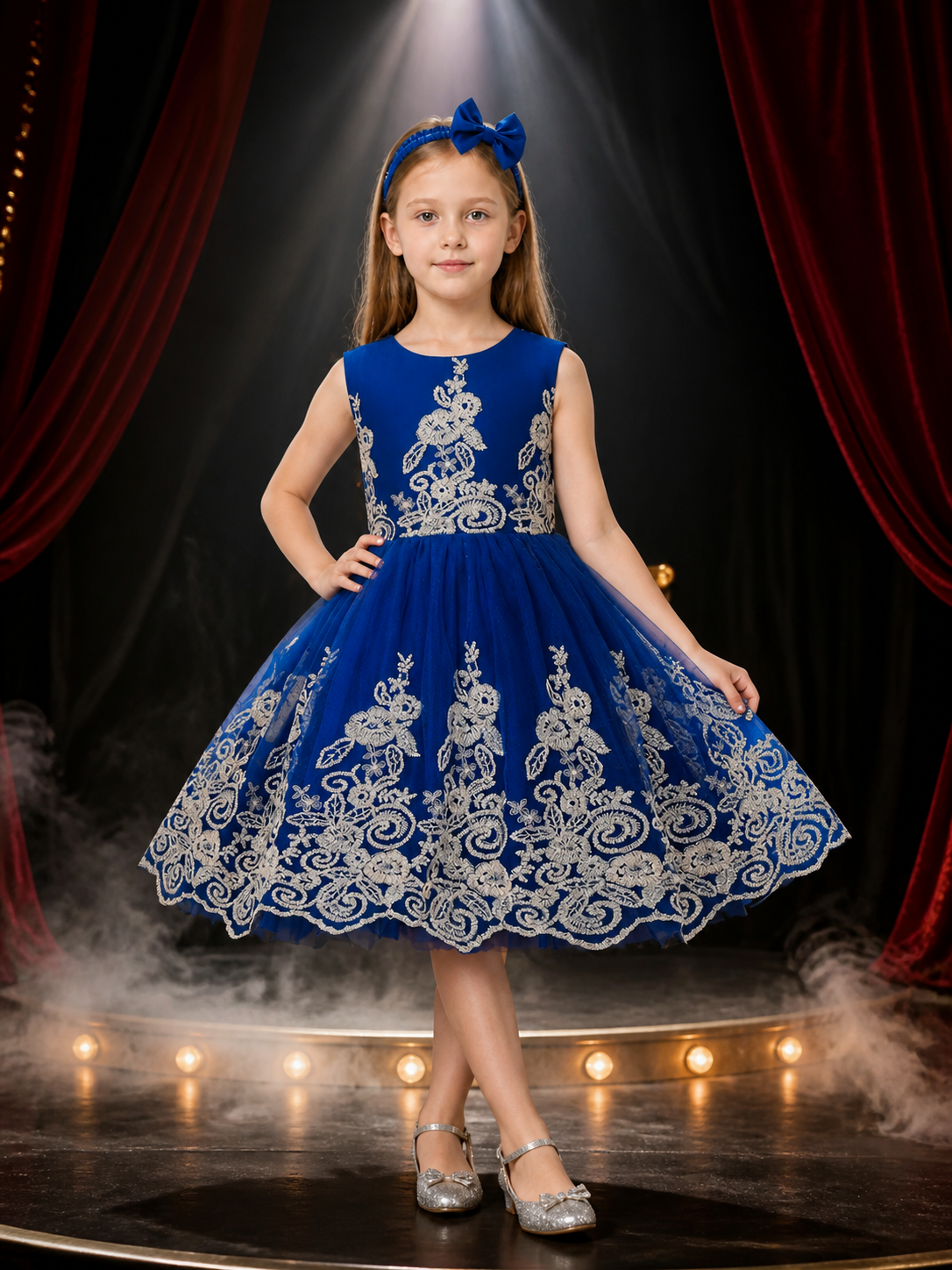 Girls' Blue Princess Dress and Bow Headband Set with Gold Floral Embroidery Costume Dresses detail 3