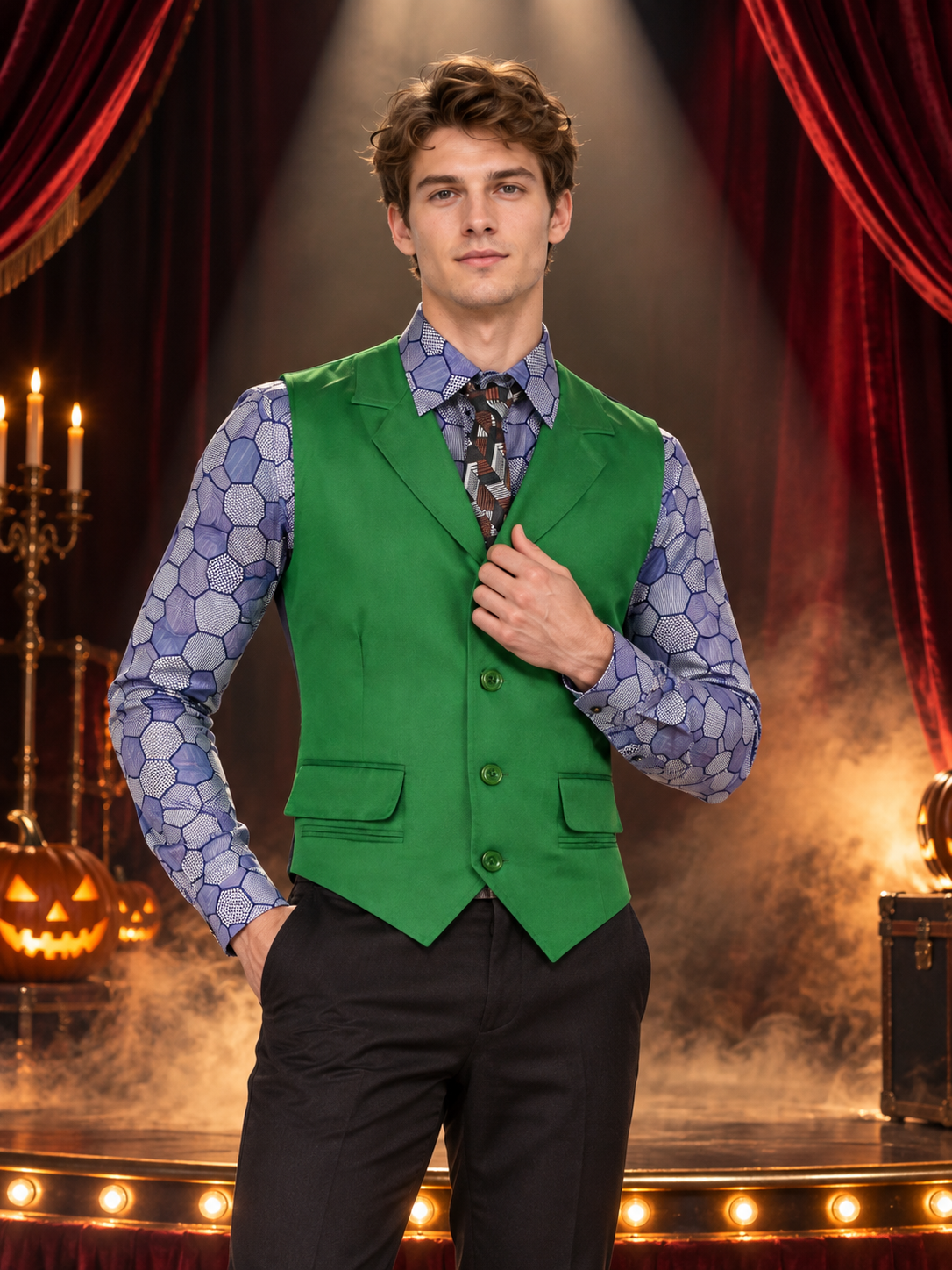 Cosplay Costume with Green Vest, Shirt, and Tie