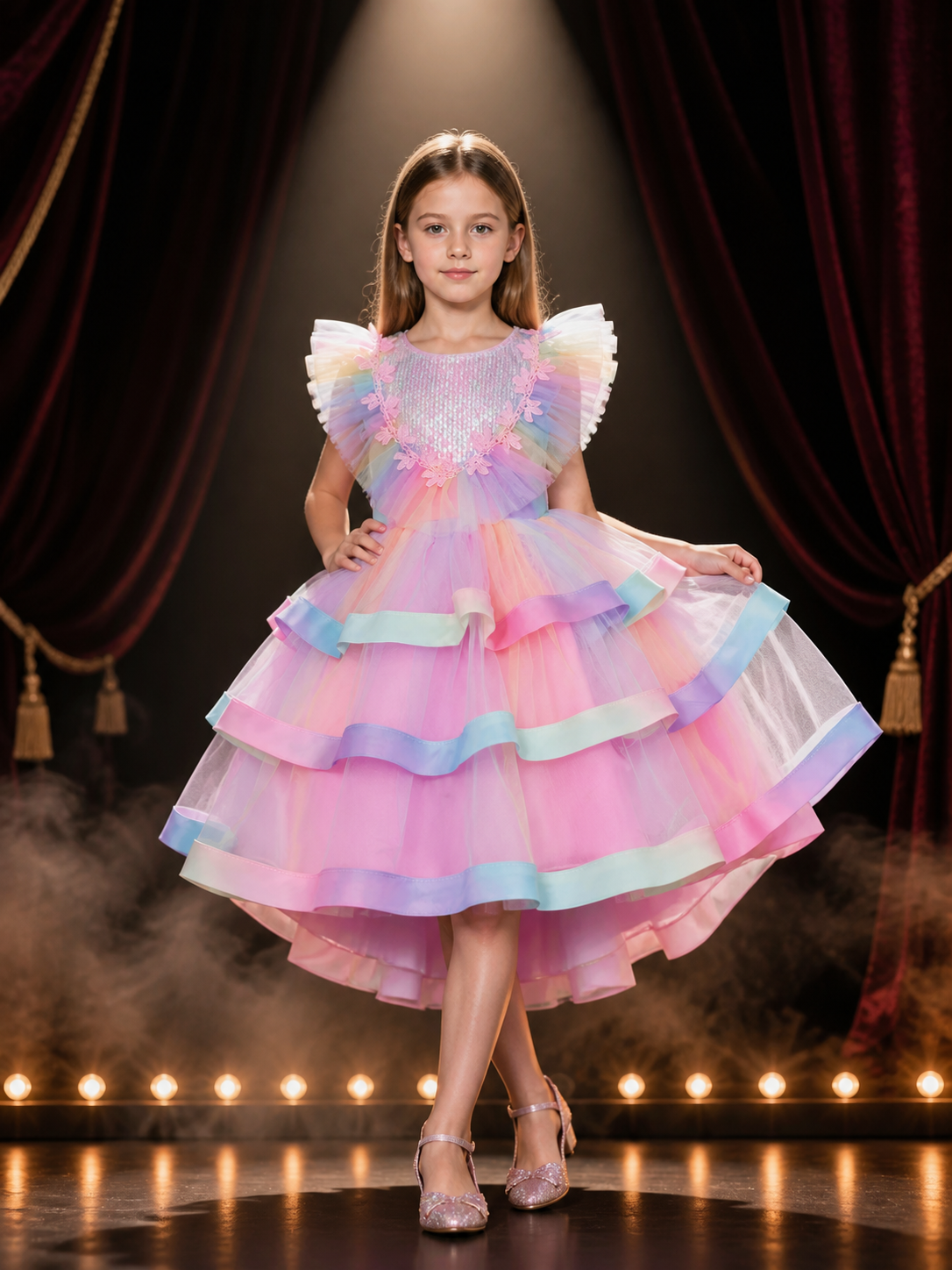 Baby Girls' Rainbow Tulle Princess Dress With Layered Skirt, Sequins And Lace Costume Dresses detail 3