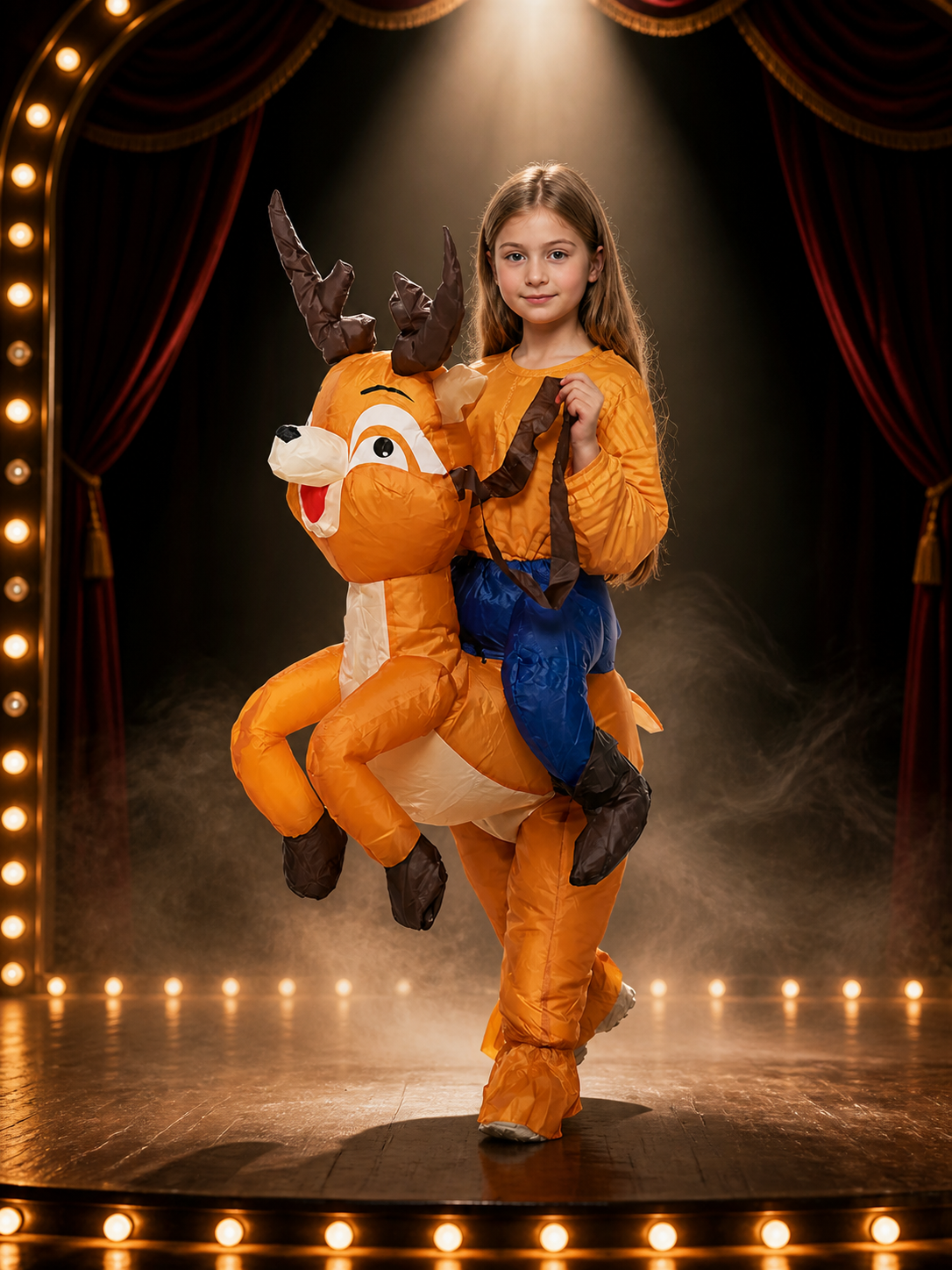 Unisex Inflatable Reindeer Costume with Blue Saddle and Brown Antlers for Costumes detail 3