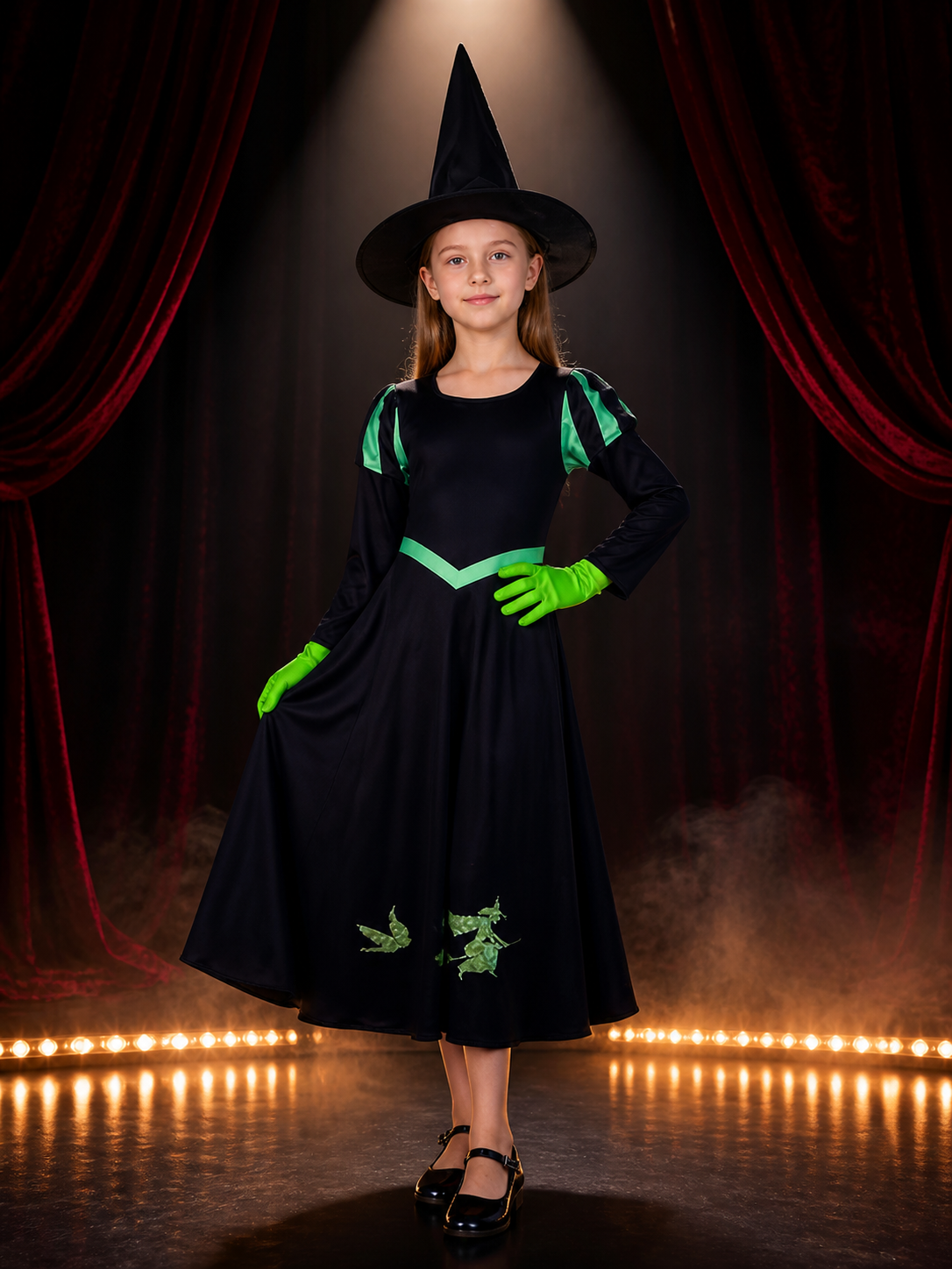 Unisex Witch Costume Set, Black Long Sleeve A-Line Dress with Green V Trim, Hat on-model stage scene view