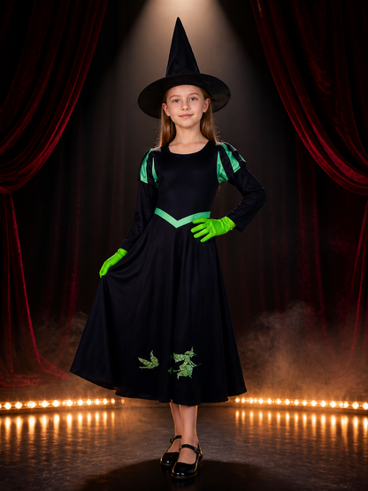 Unisex Witch Costume Set, Black Long Sleeve A-Line Dress with Green V Trim, Hat on-model stage scene view