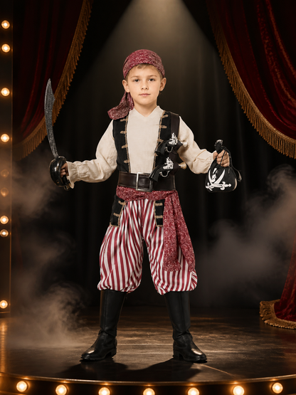 Kids Pirate Costume Set - Red and White Striped Pants, Black Vest, White Shirt Costumes detail 3