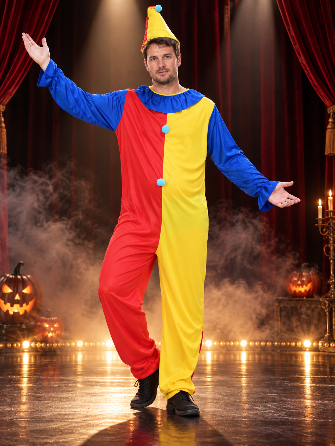Clown Costume: Red and Yellow Jumpsuit, Cone Hat