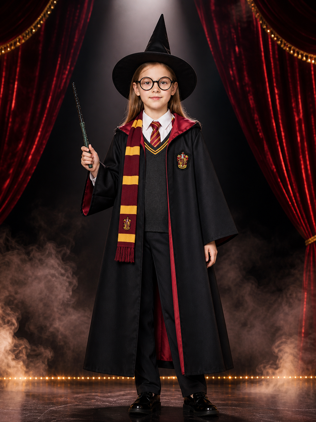 Wizard Robe Costume Set, Academy-Style Hooded Cloak With Hat, Tie, Scarf, Wand & Costume Capes detail 3