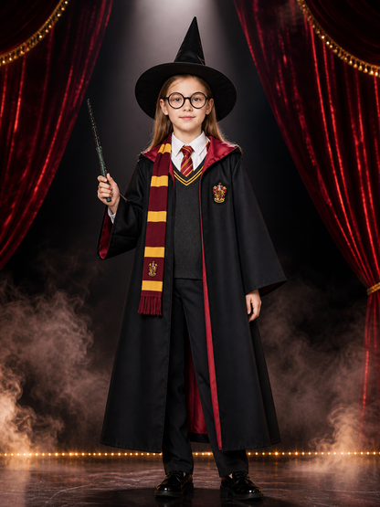 Wizard Robe Costume Set, Academy-Style Hooded Cloak With Hat, Tie, Scarf, Wand & Costume Capes detail 3