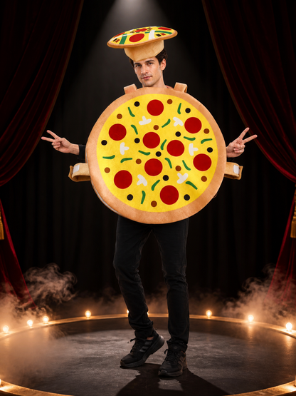 Funny Pizza Costume Jumpsuit With Matching Pizza Hat, Halloween Cosplay Party Costume Headwear detail 3