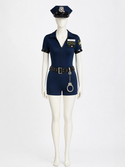 Women's Halloween Police Costume Set, Short-Sleeve V-Neck One-Piece with Hat Costume Headwear detail 3
