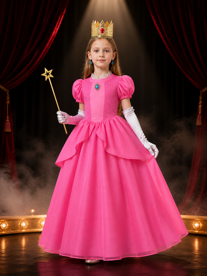 Girls Princess Peach Puffy Sleeve Costume Set with Crown and Wand for Halloween Costume Headwear detail 3