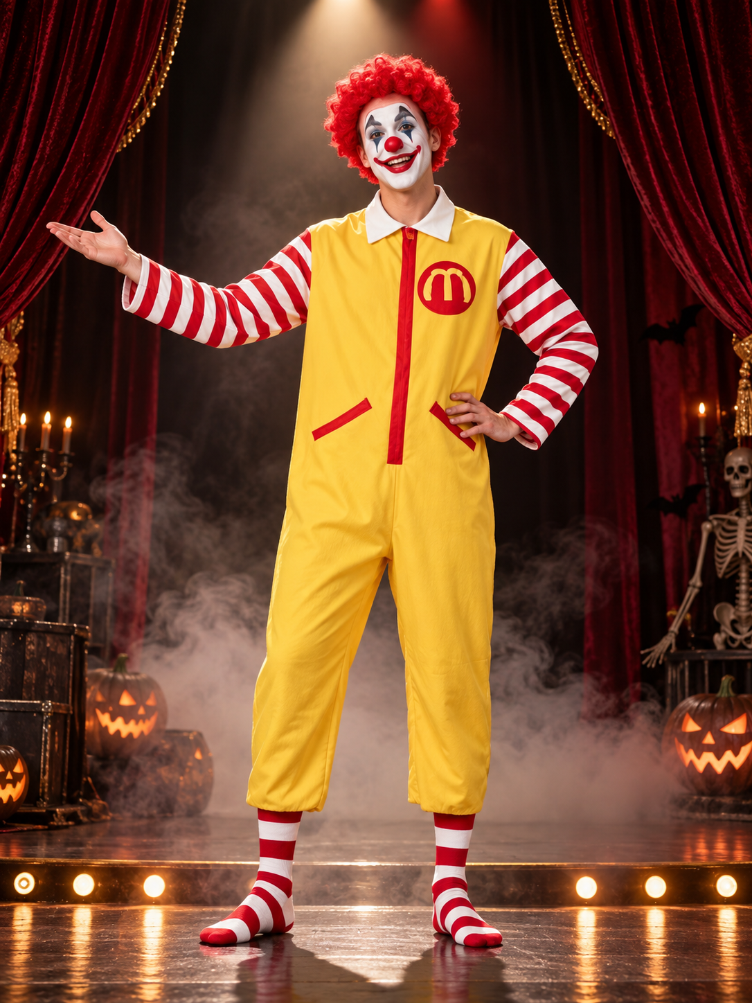 Yellow Clown Costume with Red Wig and Stripes