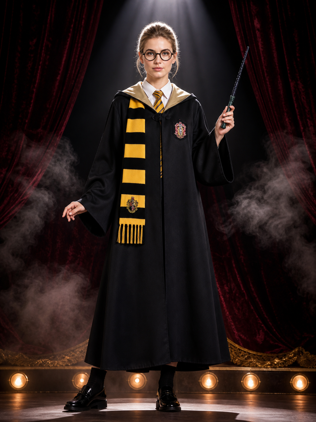 Kids Wizard Robe Hooded Costume Set with Tie, Scarf, Glasses & Wand - Yellow and Costume Accessories detail 3