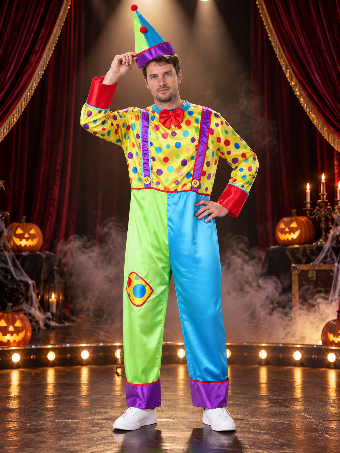Adult Clown Costume: Jumpsuit, Hat, Polka Dots