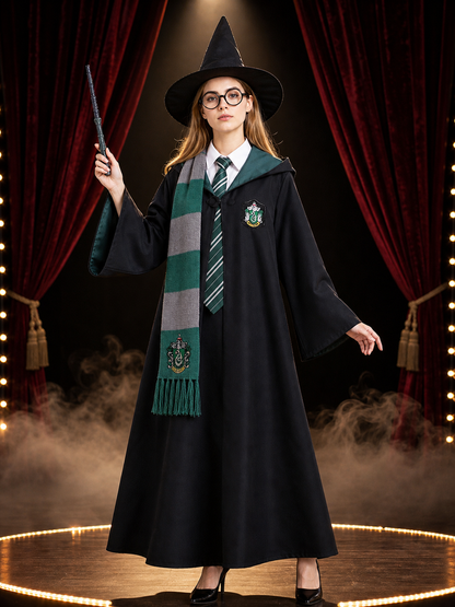 Slytherin Wizard Robe Costume Set with Tie, Scarf, Glasses, Wand, Hat & Shirt Costume Headwear detail 3