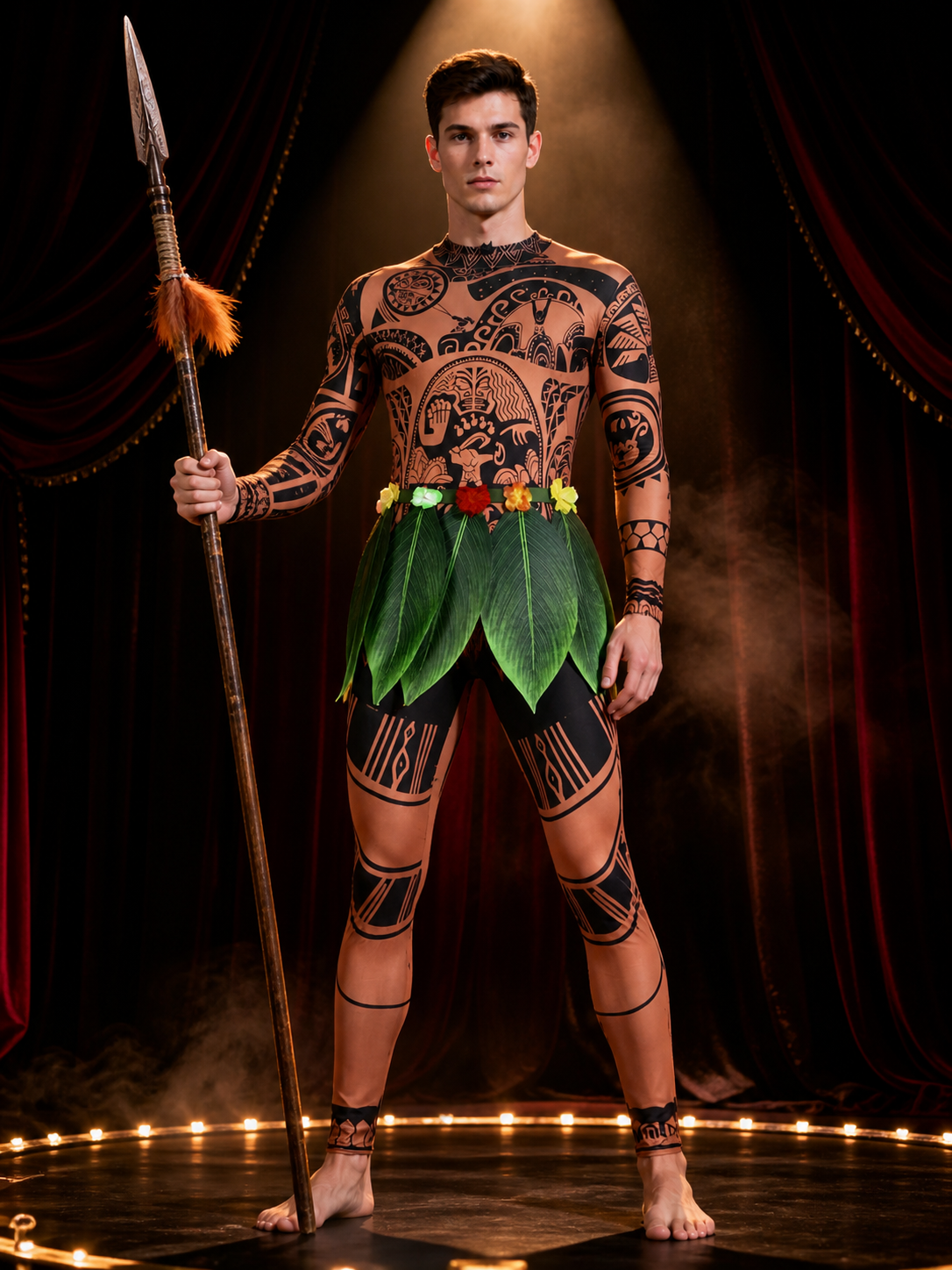 Maui Cosplay Onesie Costume with Tribal Tattoo Print, Leaf Skirt and Flower Belt on-model stage scene view