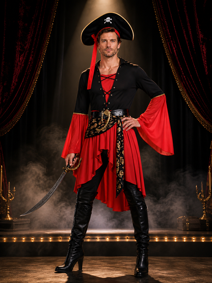 Adult Pirate Costume Set, Long-Sleeve Dress With Hat and Belt, Halloween Outfit Costume Dresses detail 3
