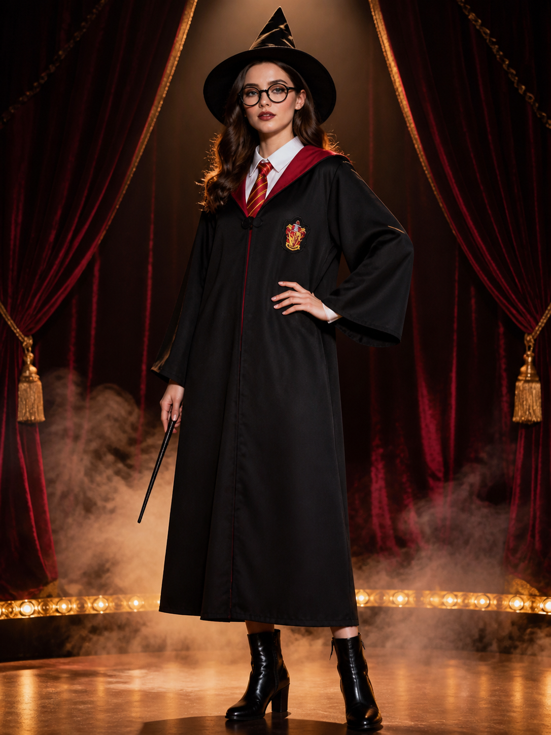 Wizard Halloween Costume Set With Hooded Robe, Scarf, Tie, Glasses, Wand & Hat Costume Headwear detail 3
