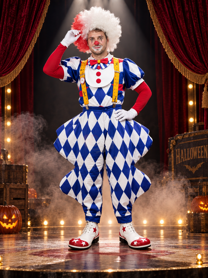 Clown Costume, 6 Pieces, with White Wig and Bow