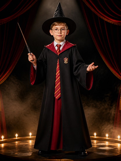Kids Red And Black Wizard Robe Costume Set With Hat, Tie, Wand And Glasses Costume Headwear detail 3