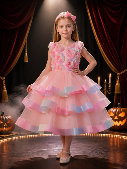 Girls' Princess Dress, Sleeveless Layered Tutu Gown With 3D Rose and Bow Details Costume Dresses detail 3