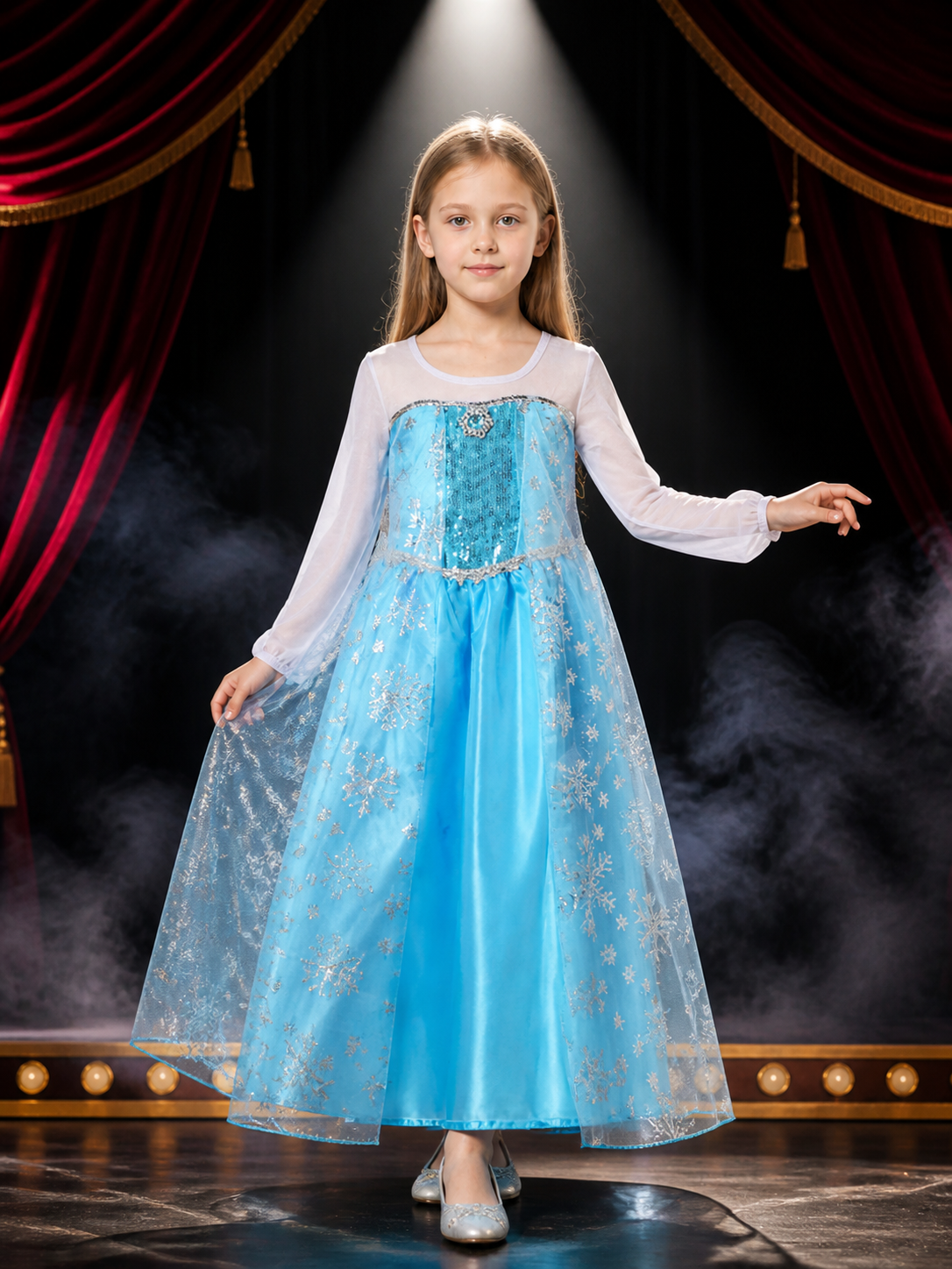 Girls' Snowflake Princess Dress Costume Set, Sequin Mesh Overlay With Long Costume Dresses detail 3