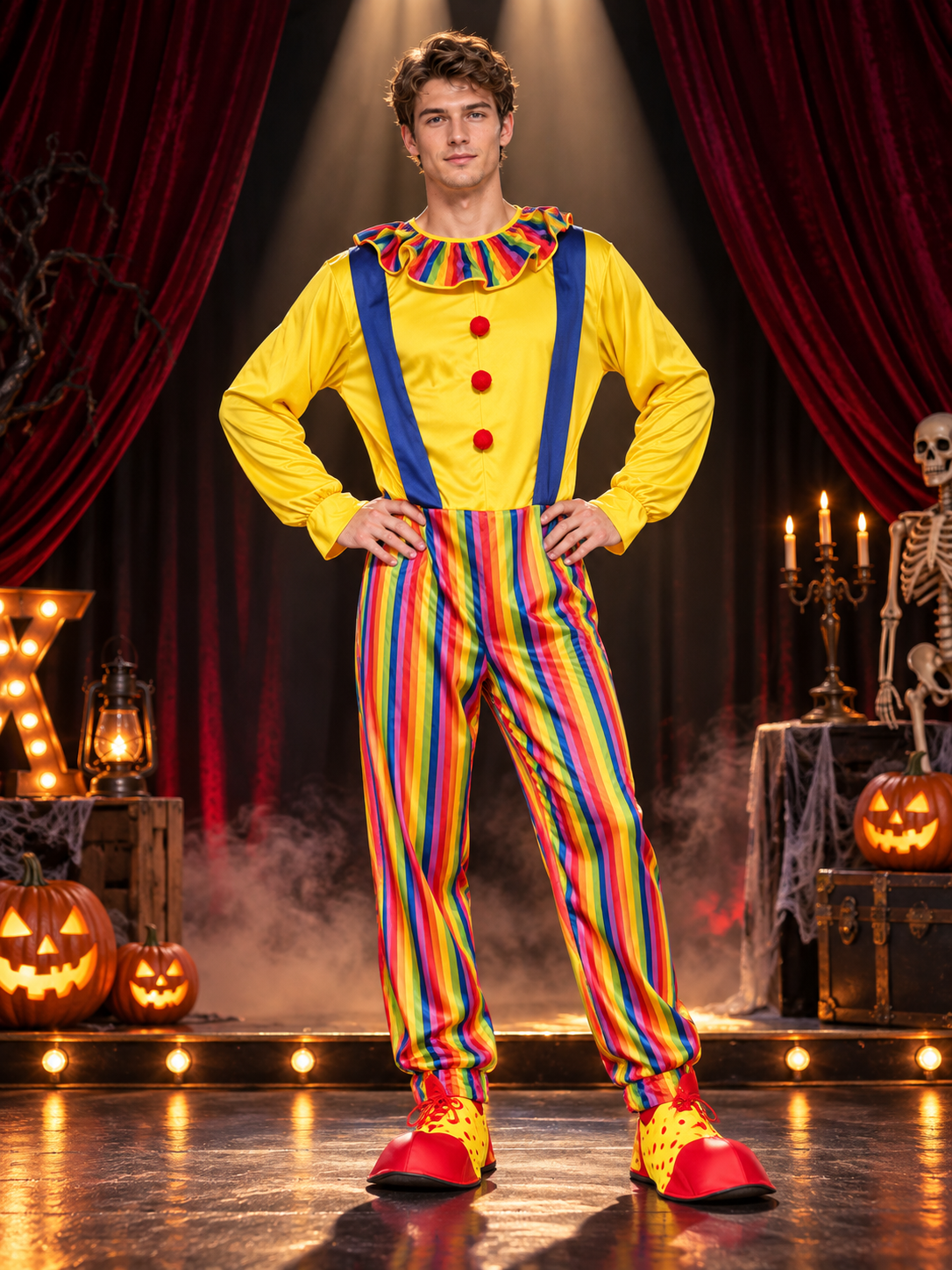 Adult Clown Costume Yellow with Blue Suspenders