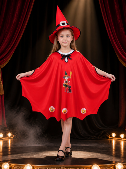 Kids Witch Costume Set with Cape and Hat, Red Wizard Cloak Halloween Outfit Costume Capes detail 3