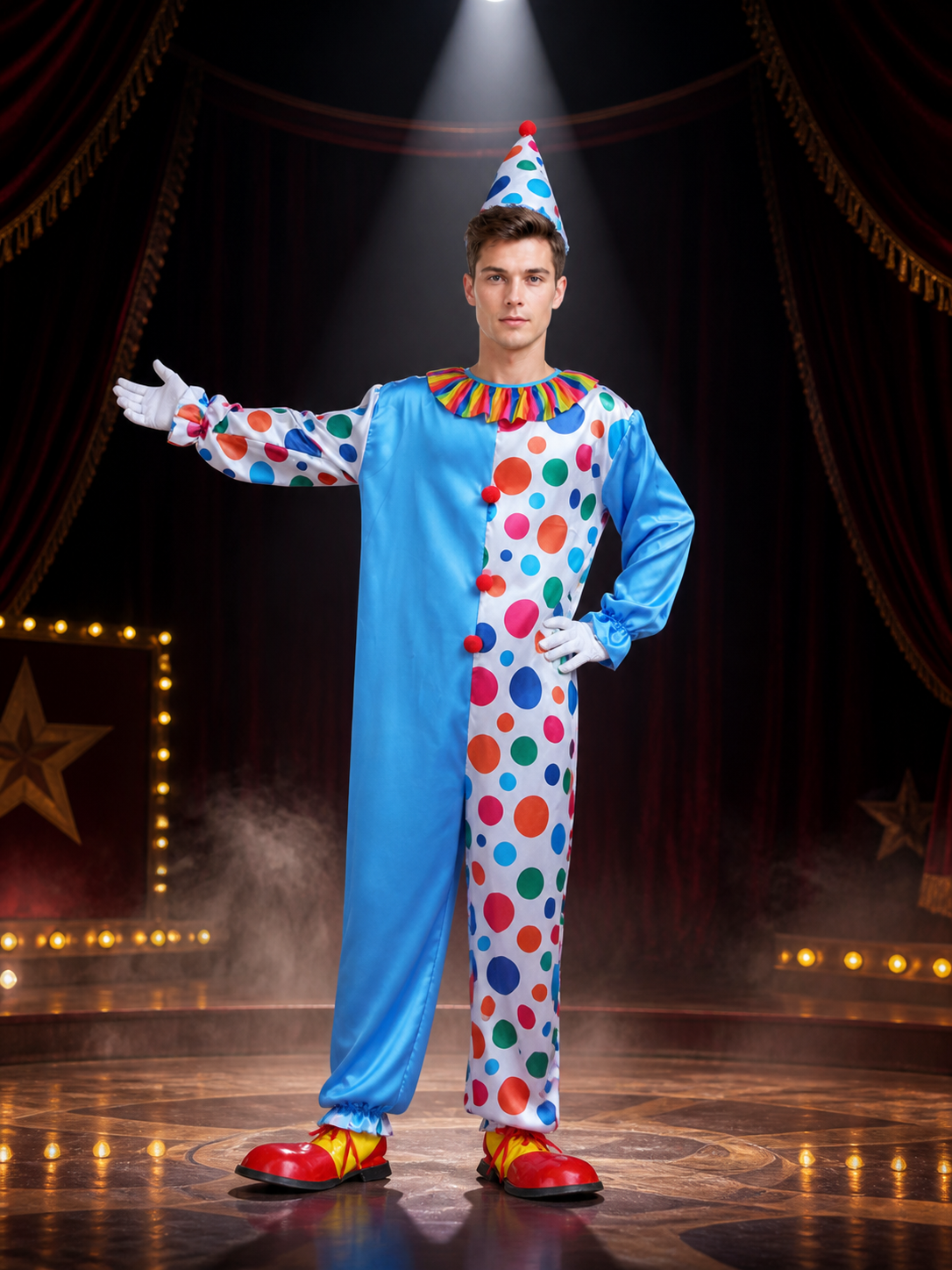Adult Unisex Clown Jumpsuit Costume with Polka Dot Hat and Ruffle Collar for Costume Headwear detail 3