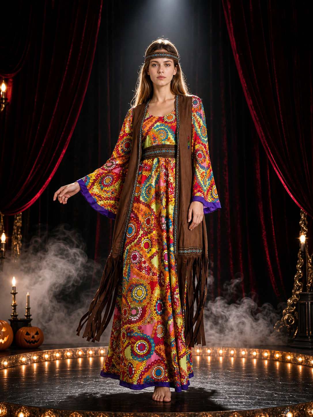 Hippie 70s Bohemian Costume Set, Paisley Printed Dress, Fringed Vest And Costume Dresses detail 3