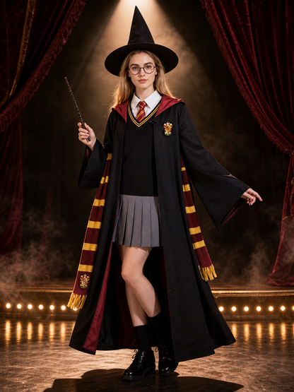 Unisex Wizard Costume Set for Kids and Adults, Hooded Robe with Crest, Striped Costumes detail 3