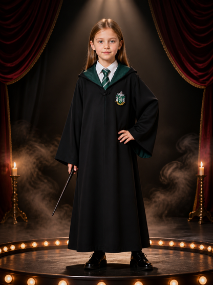 Slytherin Wizard Costume Set, Hooded Long Robe with Striped Tie Costumes detail 3